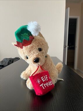 Disney Tan Plush Holiday Dog with Green Elf Hat and Red 'Elf Treats' Bag